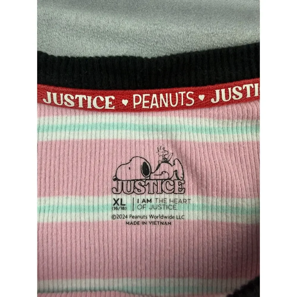 Justice Girl Snoopy XL Short Sleeve Ribbed T-Shirt Pink Sky Blue Stripe